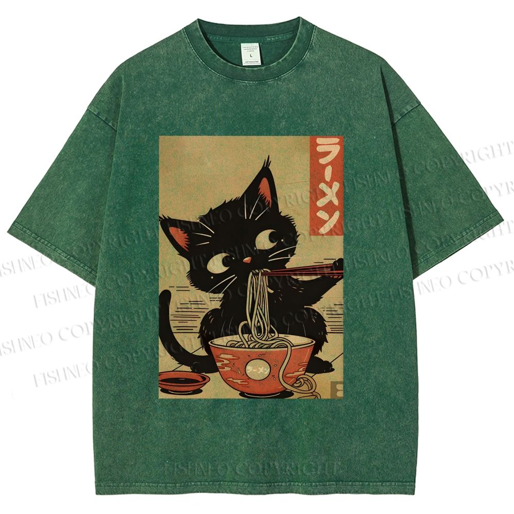 Unisex Japanese Cat Eating Ramen Printed Washed Tee