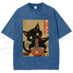 Unisex Japanese Cat Eating Ramen Printed Washed Tee