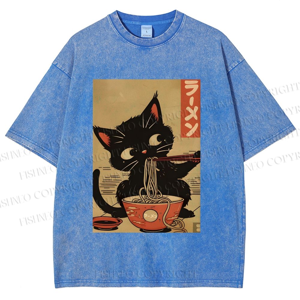 Unisex Japanese Cat Eating Ramen Printed Washed Tee