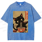 Unisex Japanese Cat Eating Ramen Printed Washed Tee