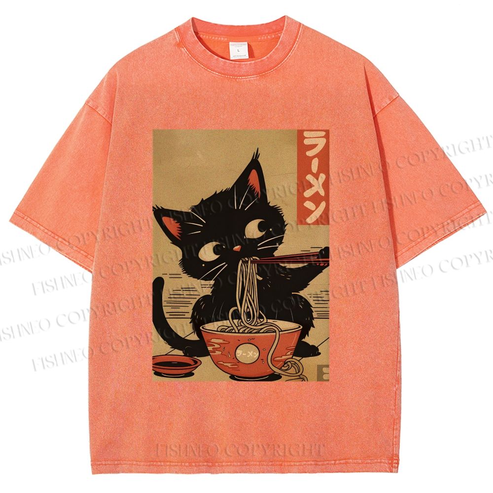 Unisex Japanese Cat Eating Ramen Printed Washed Tee