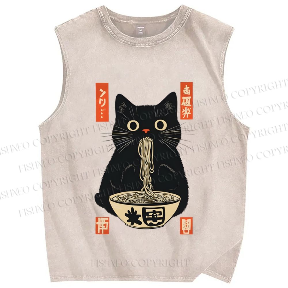 Unisex Japanese Cat Eating Ramen Printed Washed Tank Top