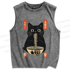 Unisex Japanese Cat Eating Ramen Printed Washed Tank Top