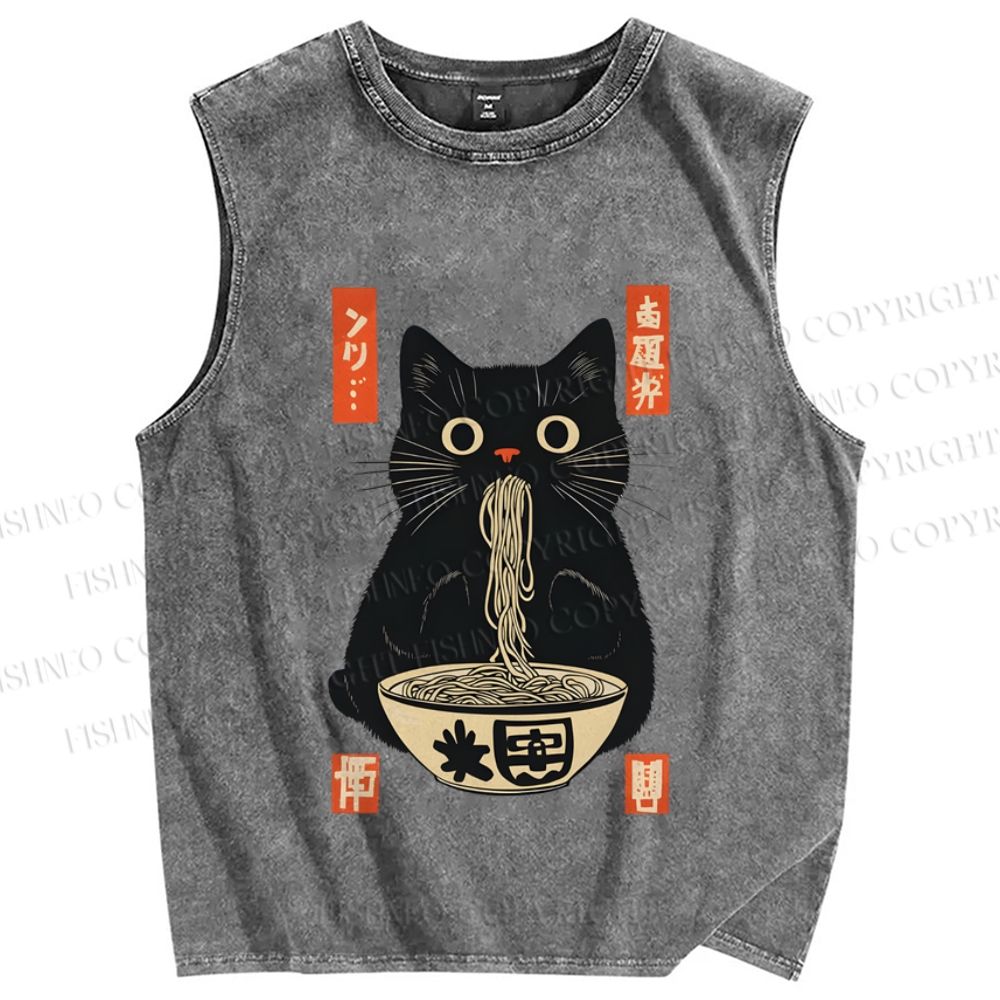 Unisex Japanese Cat Eating Ramen Printed Washed Tank Top