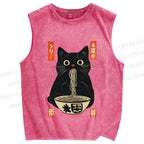 Unisex Japanese Cat Eating Ramen Printed Washed Tank Top