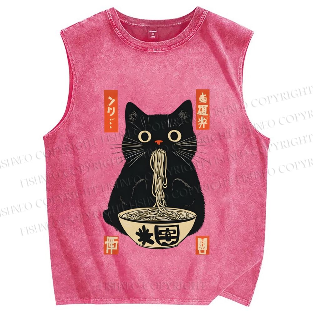 Unisex Japanese Cat Eating Ramen Printed Washed Tank Top