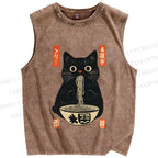 Unisex Japanese Cat Eating Ramen Printed Washed Tank Top