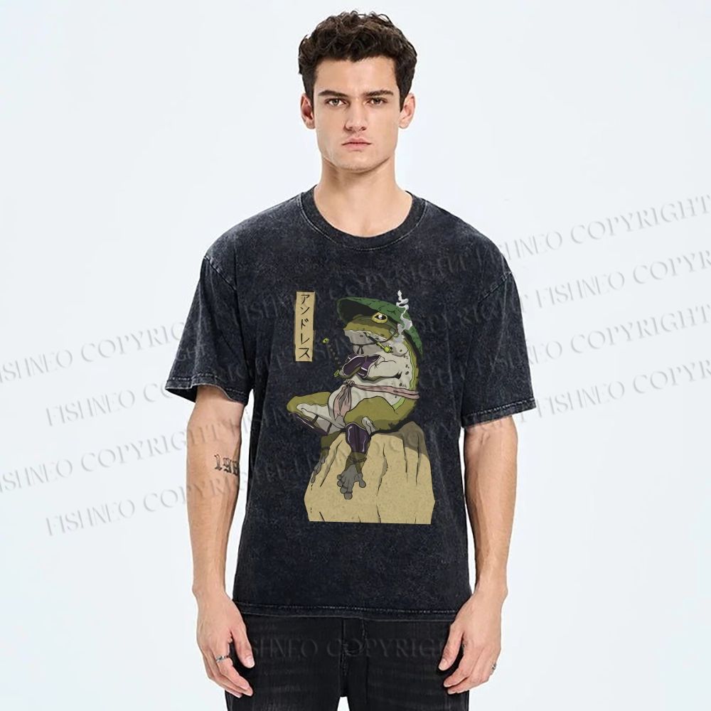 Unisex Samurai Frog Printed Washed Tee