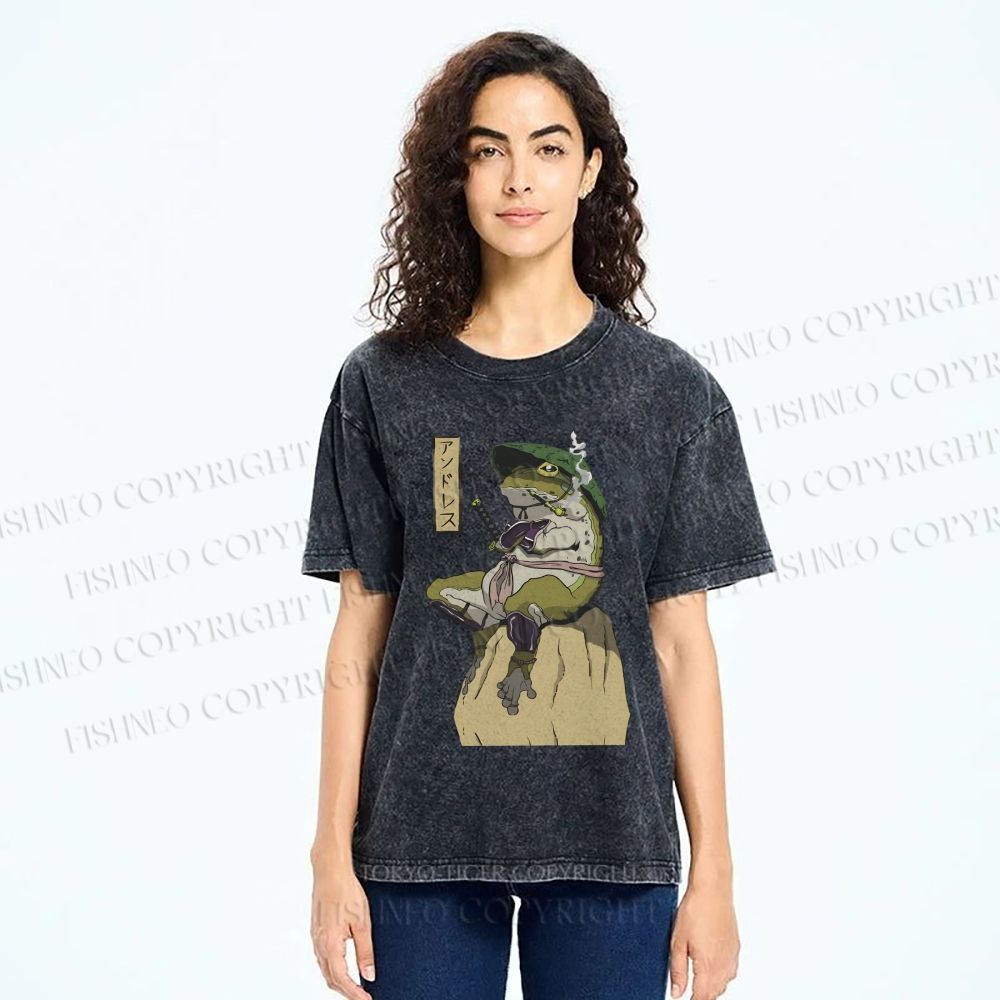 Unisex Samurai Frog Printed Washed Tee