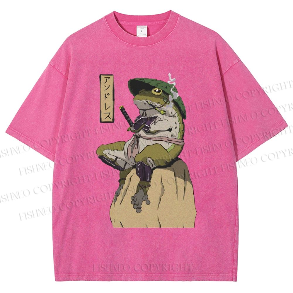 Unisex Samurai Frog Printed Washed Tee