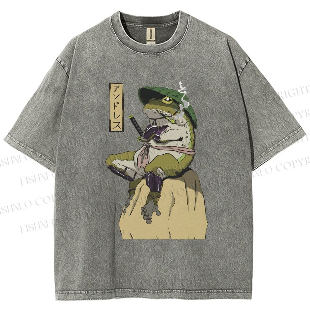 Unisex Samurai Frog Printed Washed Tee