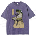 Unisex Samurai Frog Printed Washed Tee