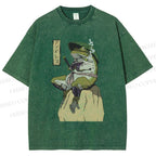 Unisex Samurai Frog Printed Washed Tee