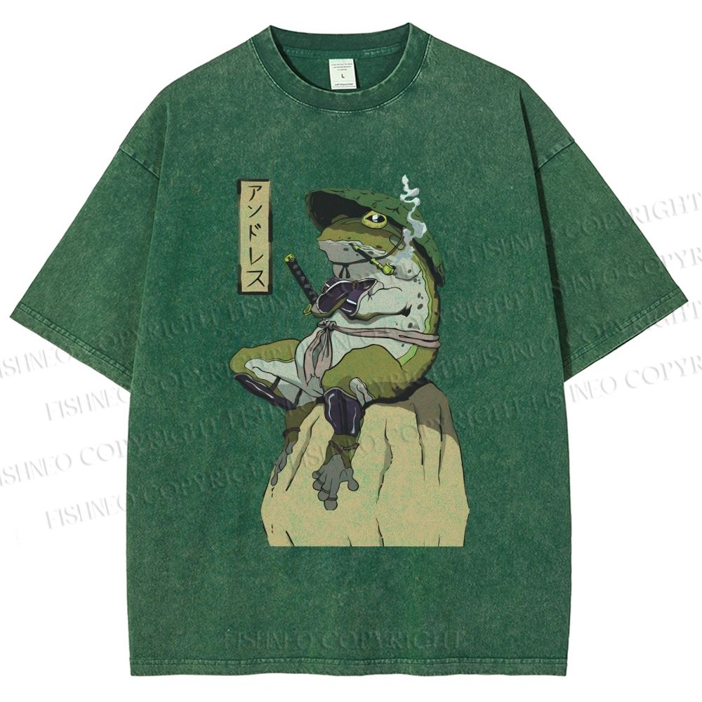 Unisex Samurai Frog Printed Washed Tee