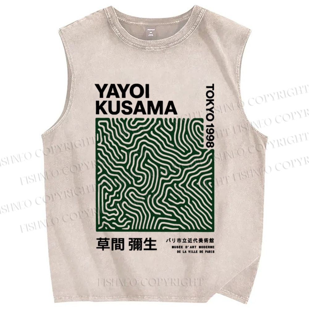 Unisex Yayoi Kusama Green Line Printed Washed Tank Top