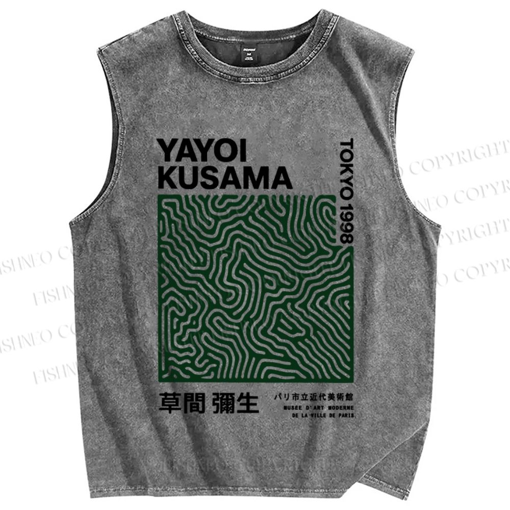 Unisex Yayoi Kusama Green Line Printed Washed Tank Top