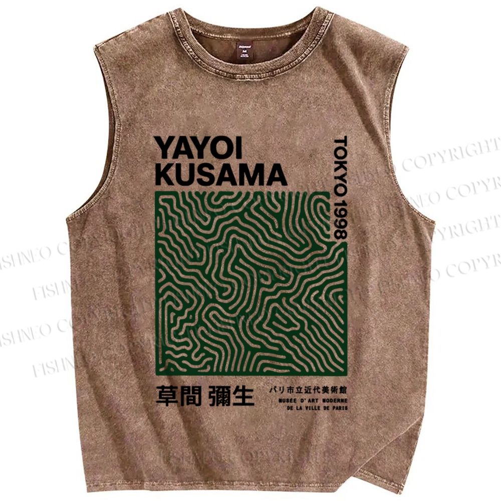 Unisex Yayoi Kusama Green Line Printed Washed Tank Top