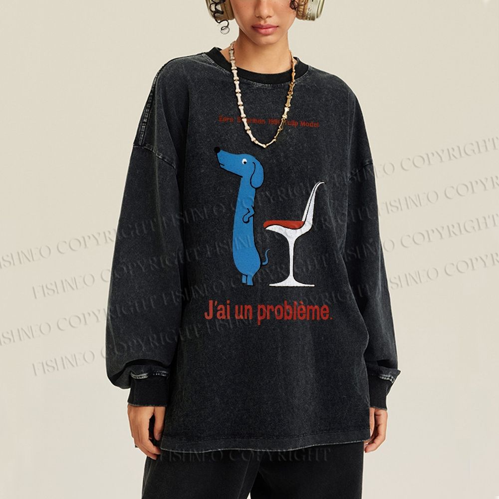 Unisex Casual Washed Dachshund Dog Tulip Chair Printed Long Sleeve T-shirt