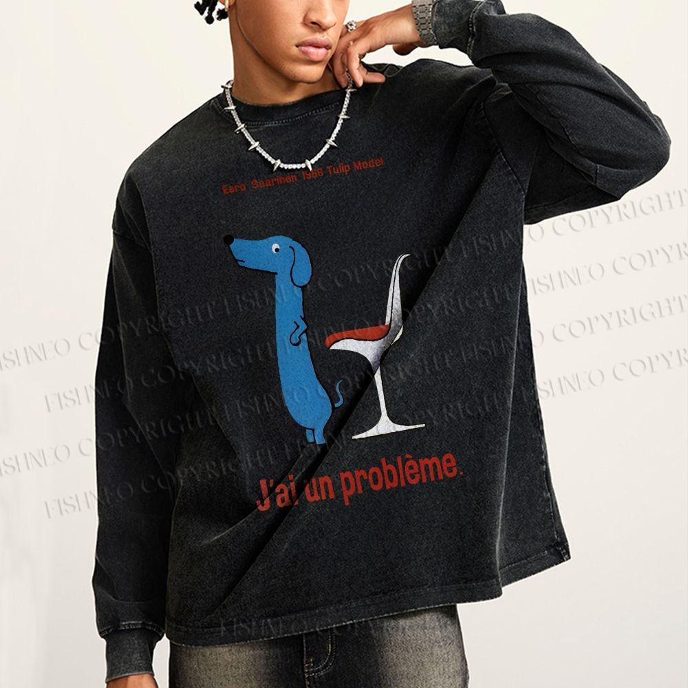 Unisex Casual Washed Dachshund Dog Tulip Chair Printed Long Sleeve T-shirt