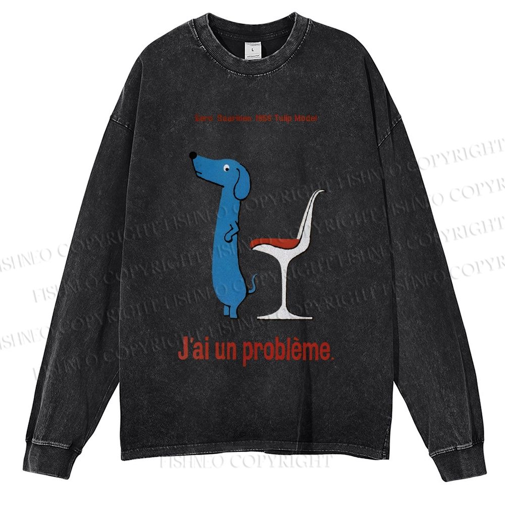 Unisex Casual Washed Dachshund Dog Tulip Chair Printed Long Sleeve T-shirt