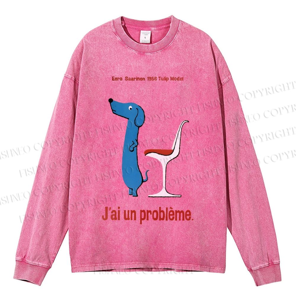 Unisex Casual Washed Dachshund Dog Tulip Chair Printed Long Sleeve T-shirt