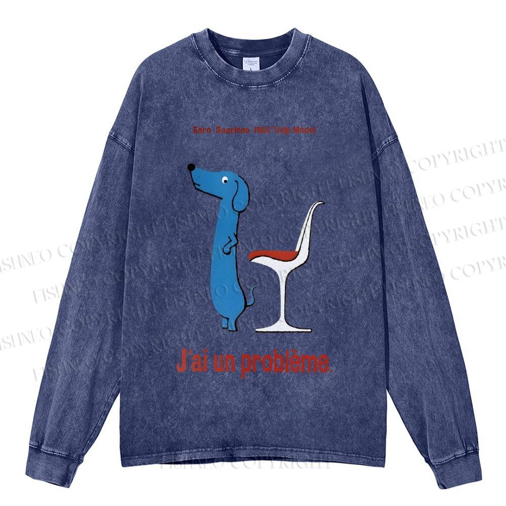 Unisex Casual Washed Dachshund Dog Tulip Chair Printed Long Sleeve T-shirt