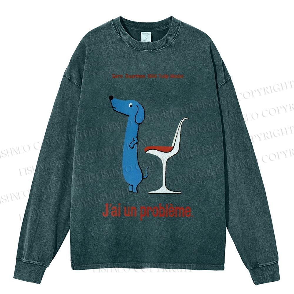 Unisex Casual Washed Dachshund Dog Tulip Chair Printed Long Sleeve T-shirt