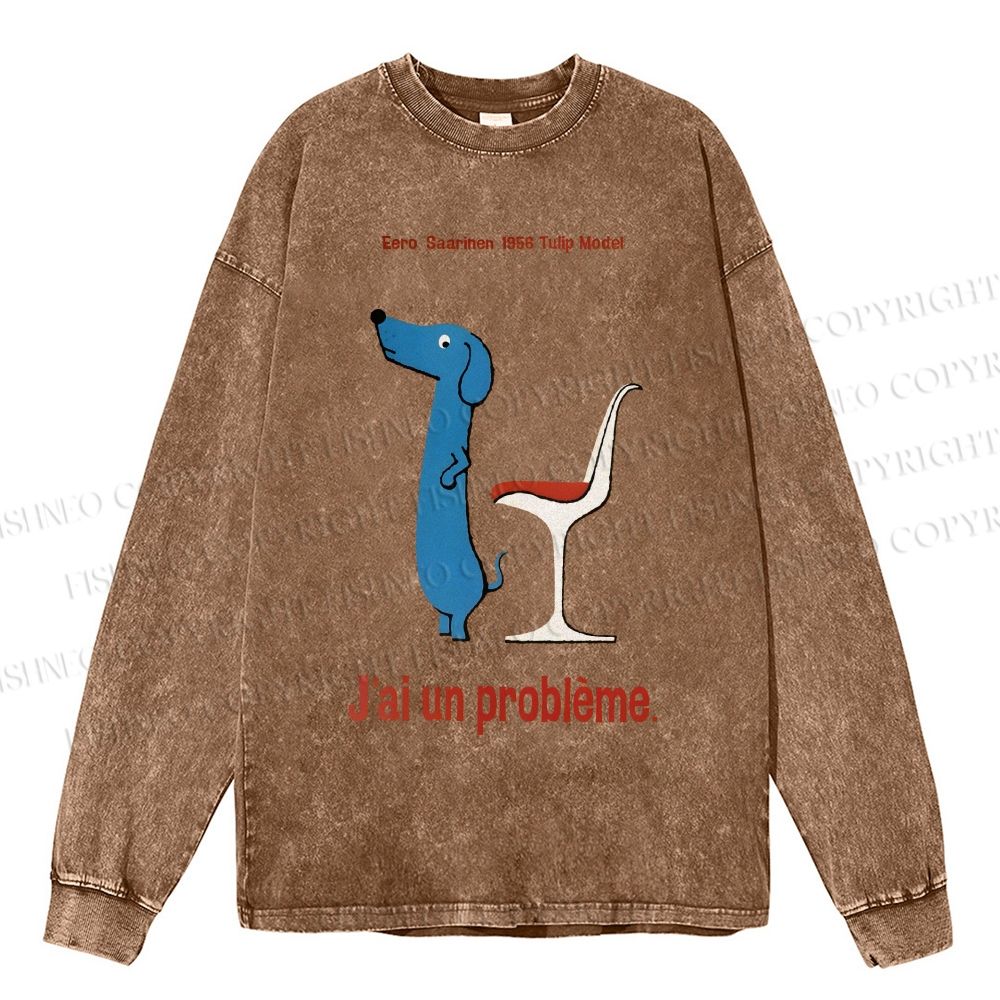 Unisex Casual Washed Dachshund Dog Tulip Chair Printed Long Sleeve T-shirt