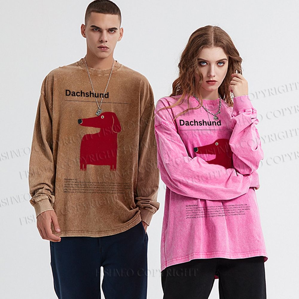 Unisex Casual Washed Dachshund Dog Printed Long Sleeve T-shirt