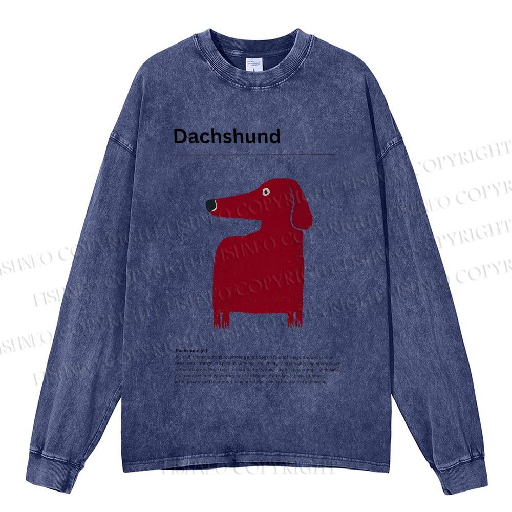 Unisex Casual Washed Dachshund Dog Printed Long Sleeve T-shirt