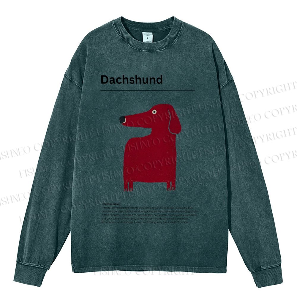 Unisex Casual Washed Dachshund Dog Printed Long Sleeve T-shirt