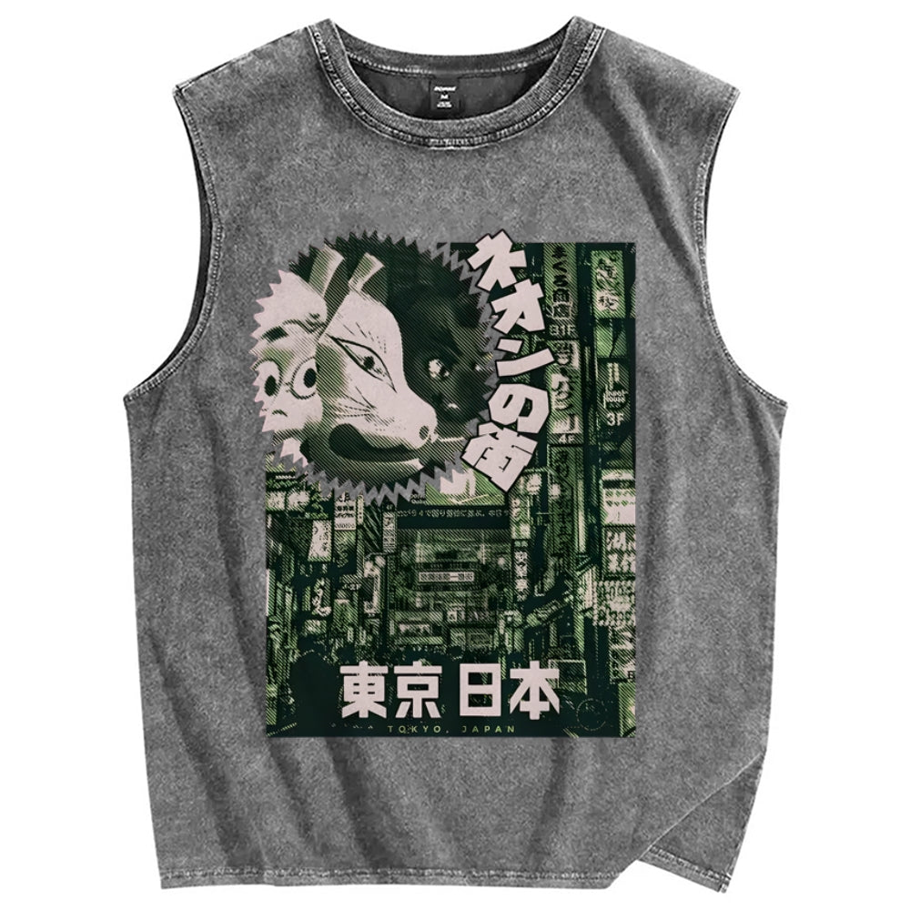 Neon city Tokyo Vintage Distressed Washed Tank Top