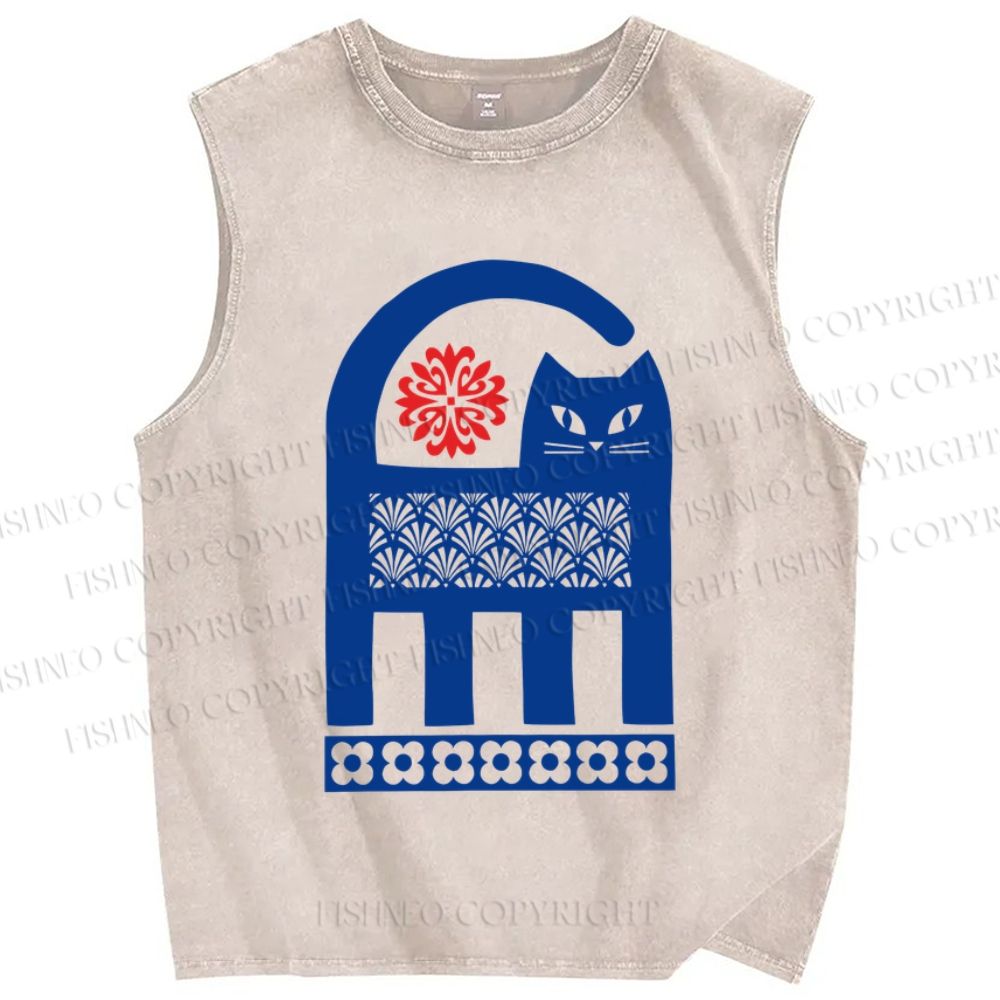 Unisex Vintage Funny Blue Cat Printed Washed Tank Top