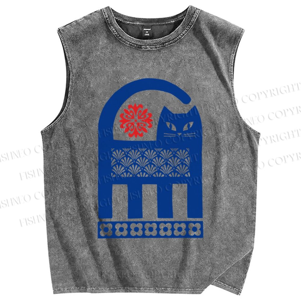 Unisex Vintage Funny Blue Cat Printed Washed Tank Top