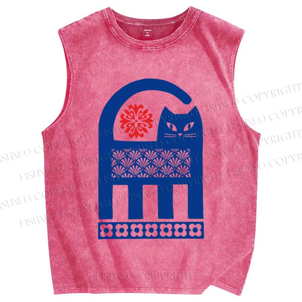 Unisex Vintage Funny Blue Cat Printed Washed Tank Top