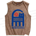 Unisex Vintage Funny Blue Cat Printed Washed Tank Top