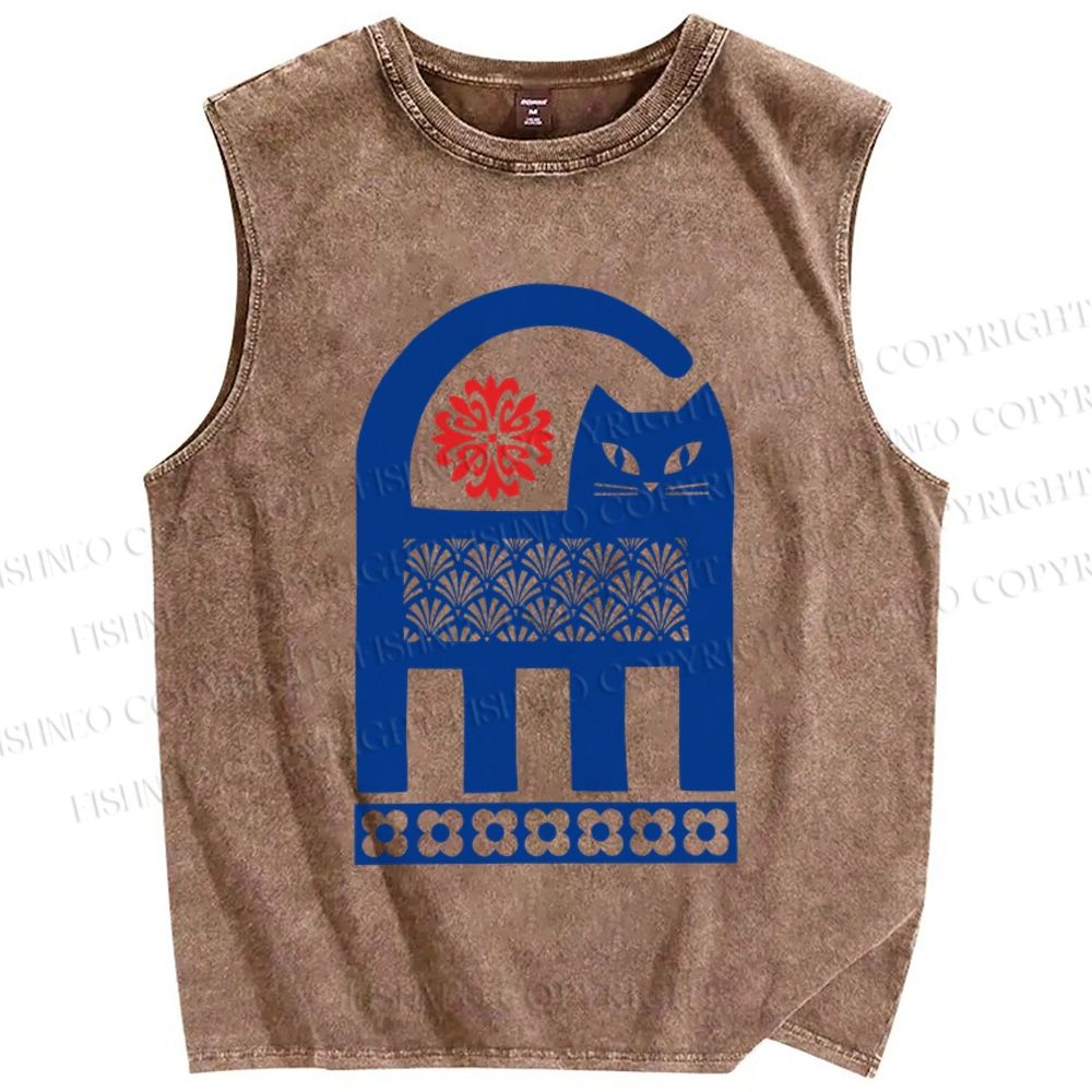Unisex Vintage Funny Blue Cat Printed Washed Tank Top