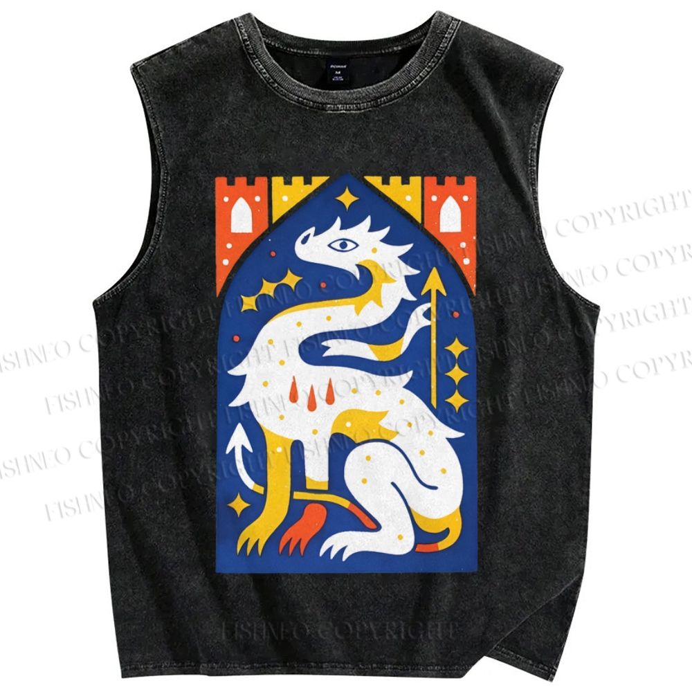 Unisex Dragon Printed Washed Tank Top