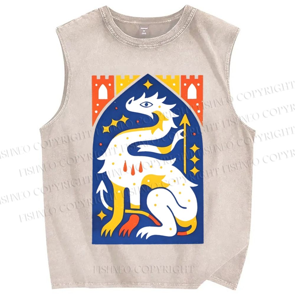 Unisex Dragon Printed Washed Tank Top