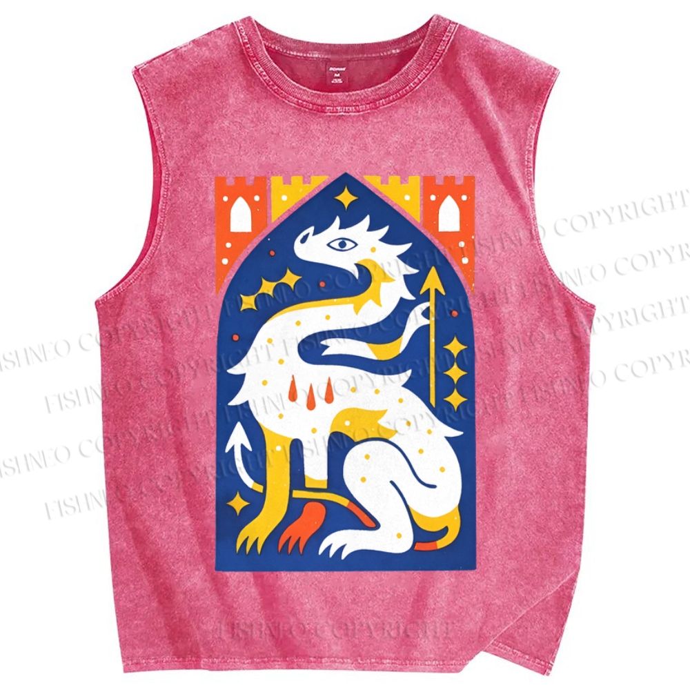Unisex Dragon Printed Washed Tank Top
