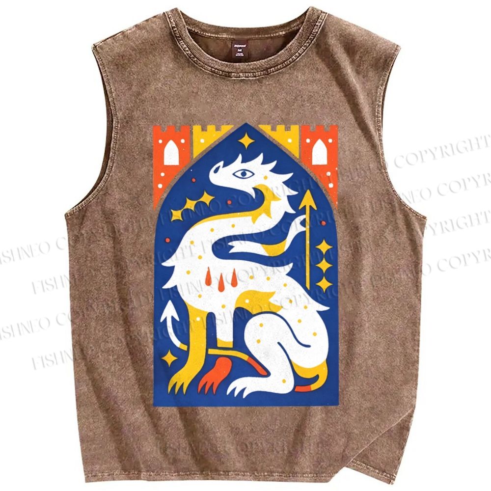 Unisex Dragon Printed Washed Tank Top