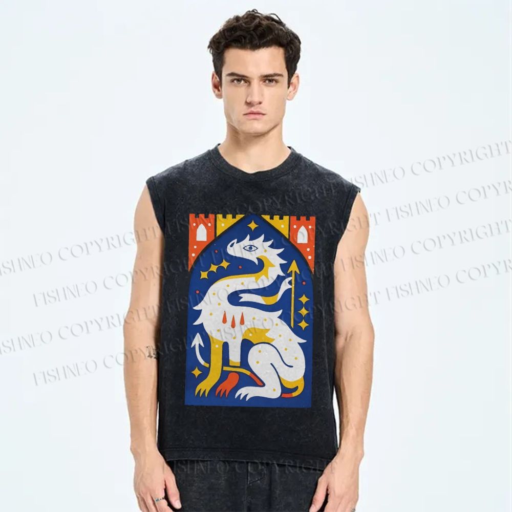 Unisex Dragon Printed Washed Tank Top