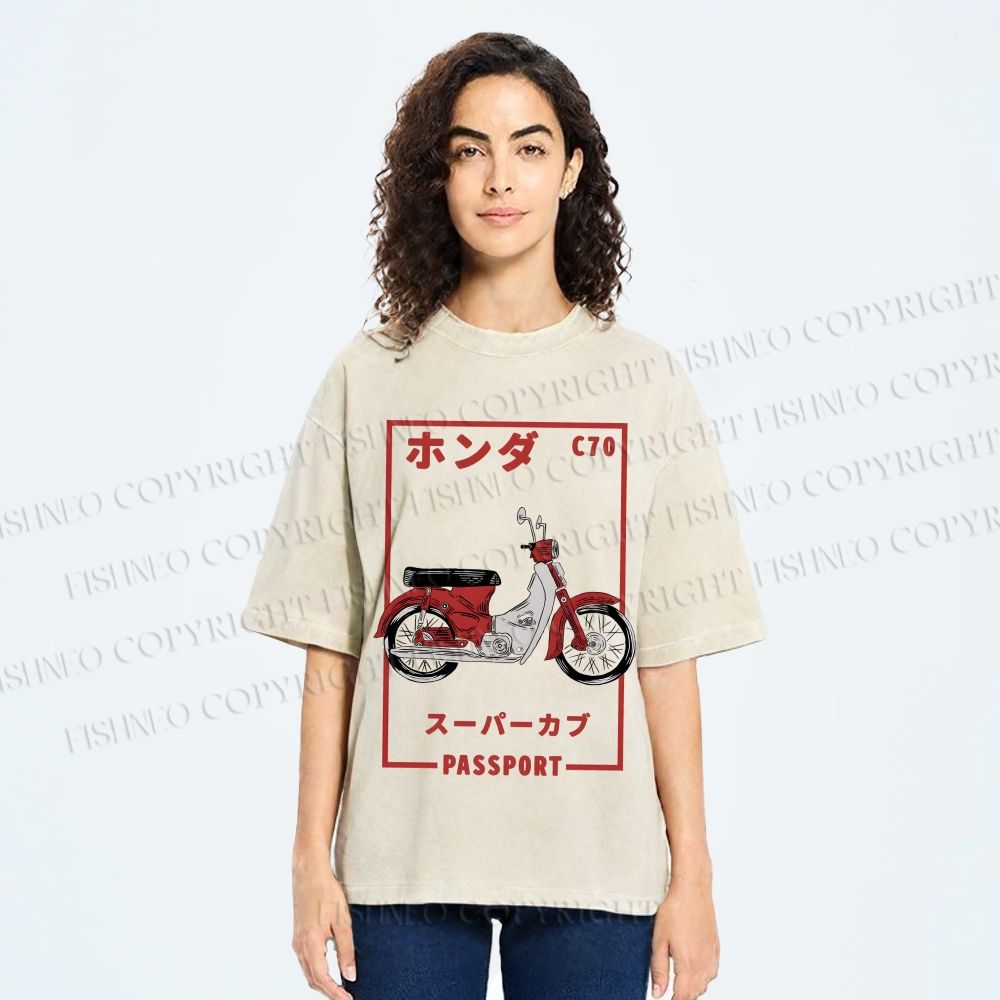 Unisex Honda C70 Super Cub Passport Printed Washed Tee