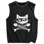 Unisex Eye Petch Cat Fish Bone Printed Washed Tank Top