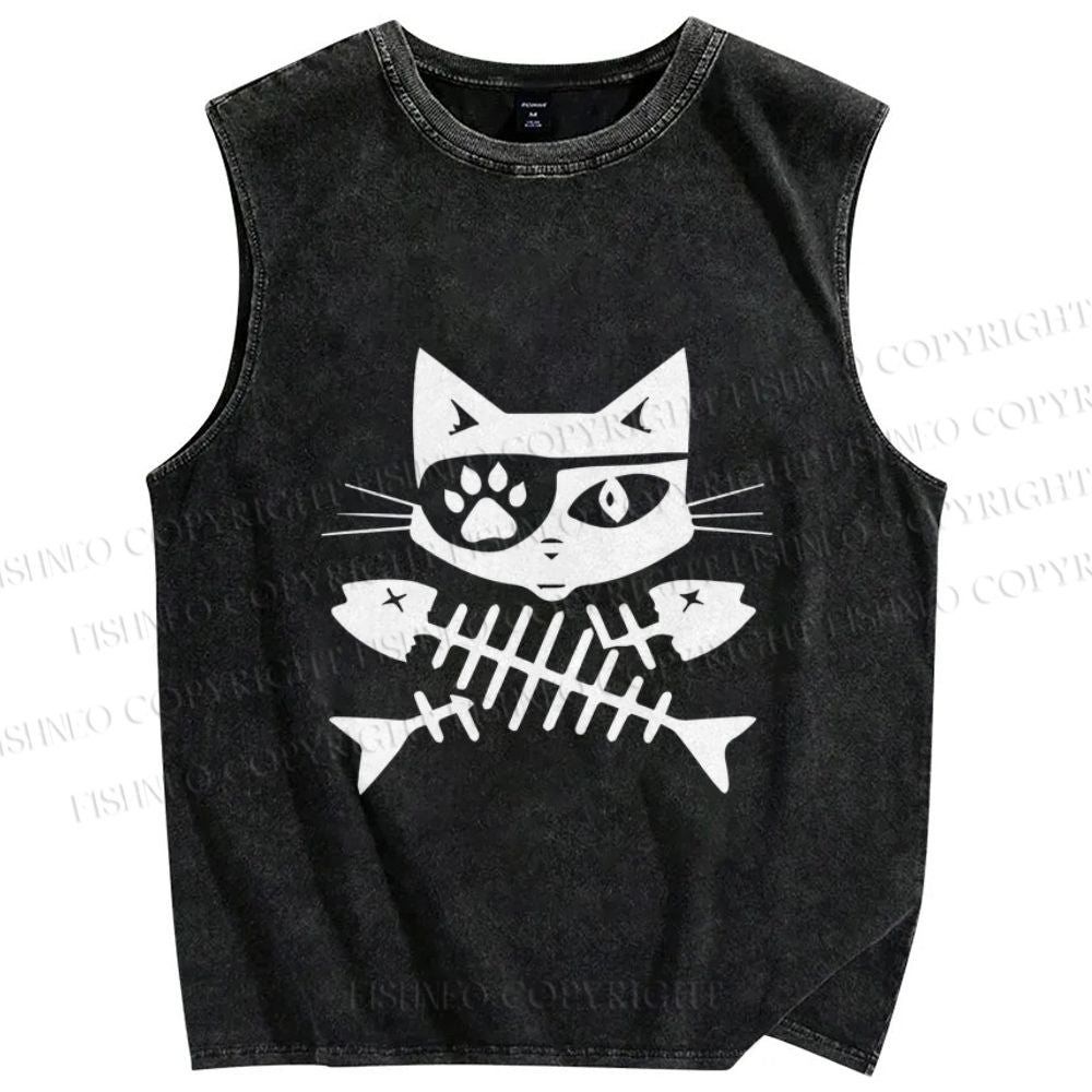 Unisex Eye Petch Cat Fish Bone Printed Washed Tank Top