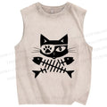 Unisex Eye Petch Cat Fish Bone Printed Washed Tank Top