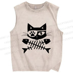 Unisex Eye Petch Cat Fish Bone Printed Washed Tank Top