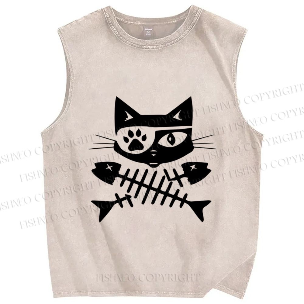 Unisex Eye Petch Cat Fish Bone Printed Washed Tank Top