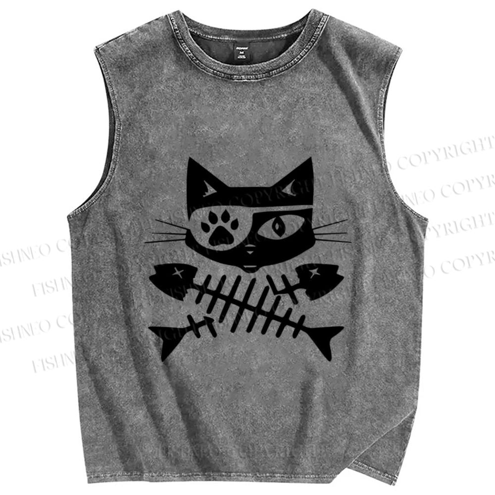 Unisex Eye Petch Cat Fish Bone Printed Washed Tank Top