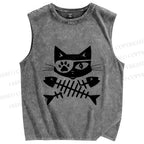 Unisex Eye Petch Cat Fish Bone Printed Washed Tank Top